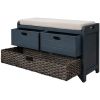 Storage Bench with Removable Basket and 2 Drawers, Fully Assembled Shoe Bench with Removable Cushion (Navy)