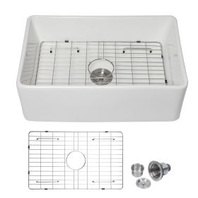 White Undermount Farmhuose Ceramic Kitchen Sink, Deep Apron Single Bowl Farm Sink with Bottom Grid (size: 30"x20")