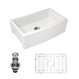 White Undermount Farmhuose Ceramic Kitchen Sink, Deep Apron Single Bowl Farm Sink with Bottom Grid (size: 30"x21")