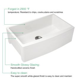 White Undermount Farmhuose Ceramic Kitchen Sink, Deep Apron Single Bowl Farm Sink with Bottom Grid (size: 33"x21")