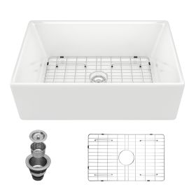 White Undermount Farmhuose Ceramic Kitchen Sink, Deep Apron Single Bowl Farm Sink with Bottom Grid (size: 30"x18")